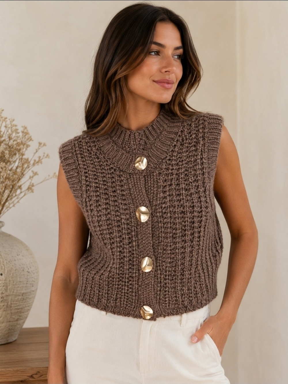 Zara Brown Sleeveless Chunky Knit Button-Front Sweater Vest